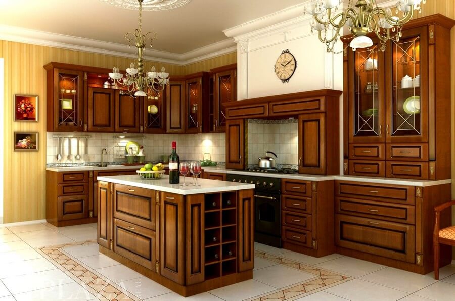 Фото: Дизайн классического интерьера с темным кухонным гарнитуром
