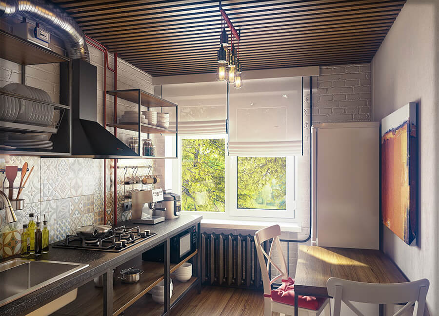 Фото: Дизайн кухни с подвесными светильниками