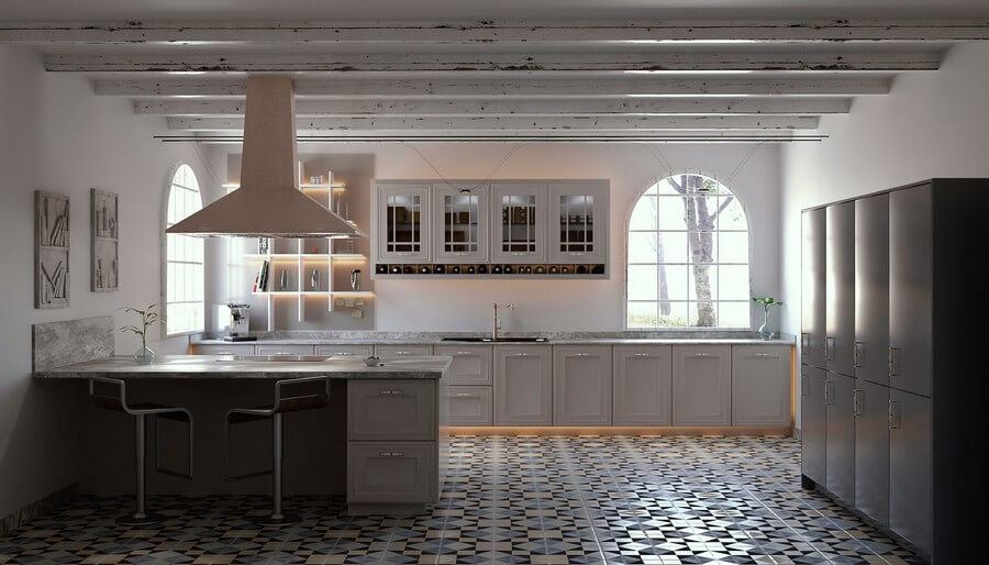 Фото: Дизайн серой кухни - потолок балки